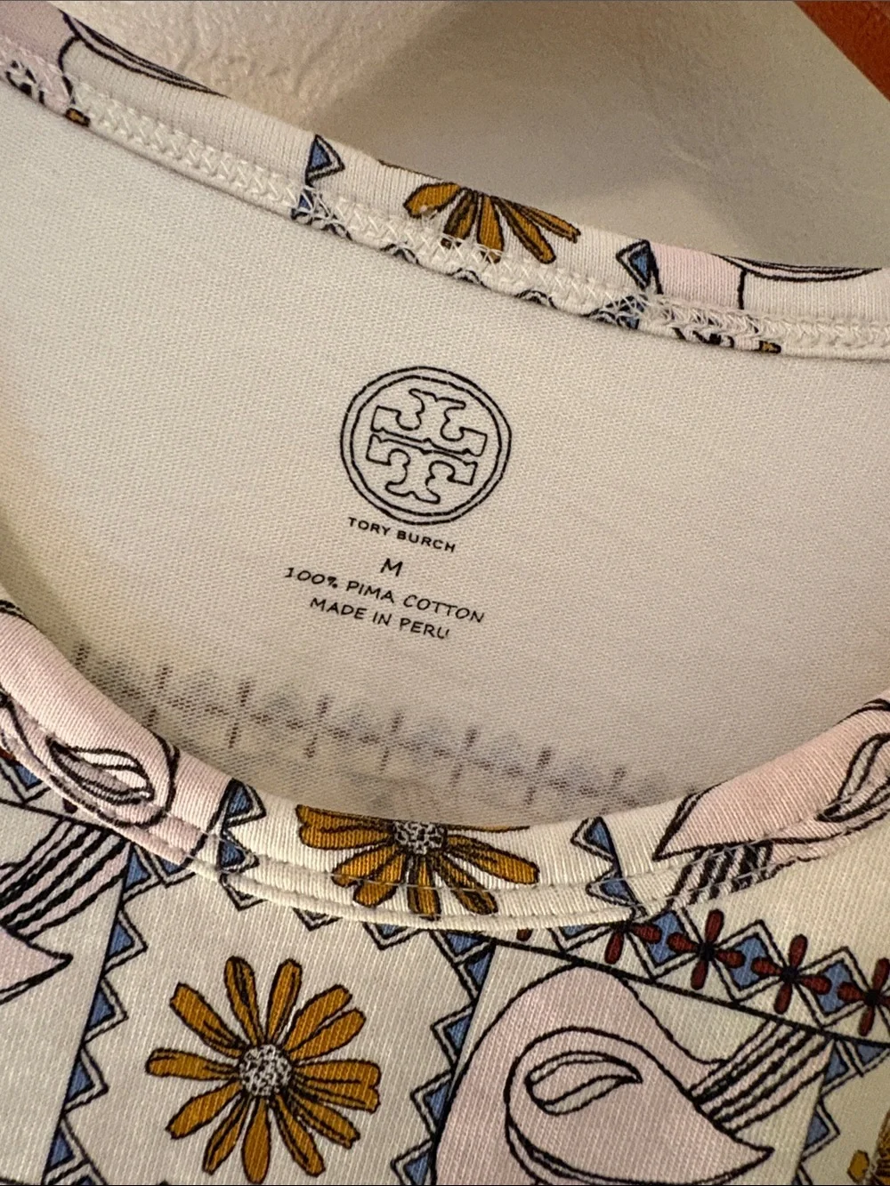 Tory Burch White Tee with Multicolor Peacock & Floral Print